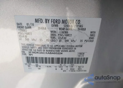 2010 Ford Edge Sport z USA, uszkodzony, nr VIN 2FMDK3ACXABA93224